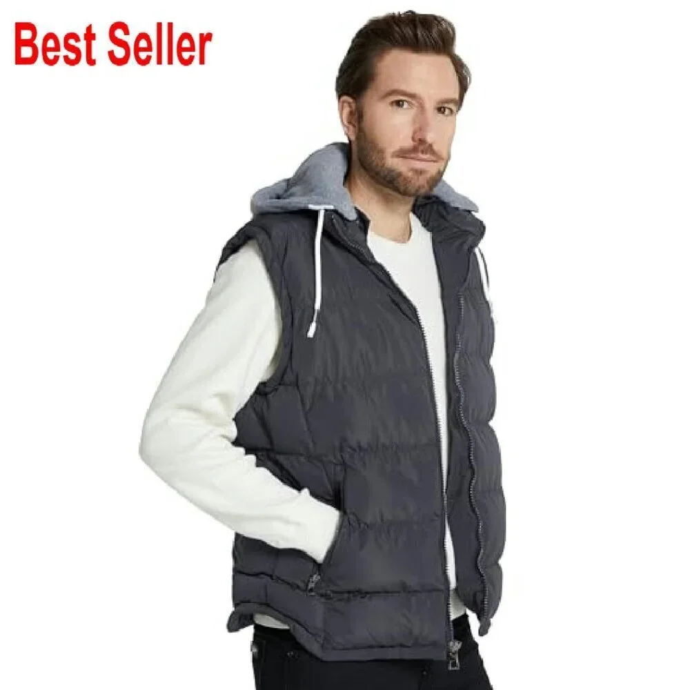 Men's Puffer Vest Removable Hood Classic Outdoor Winter Essential
